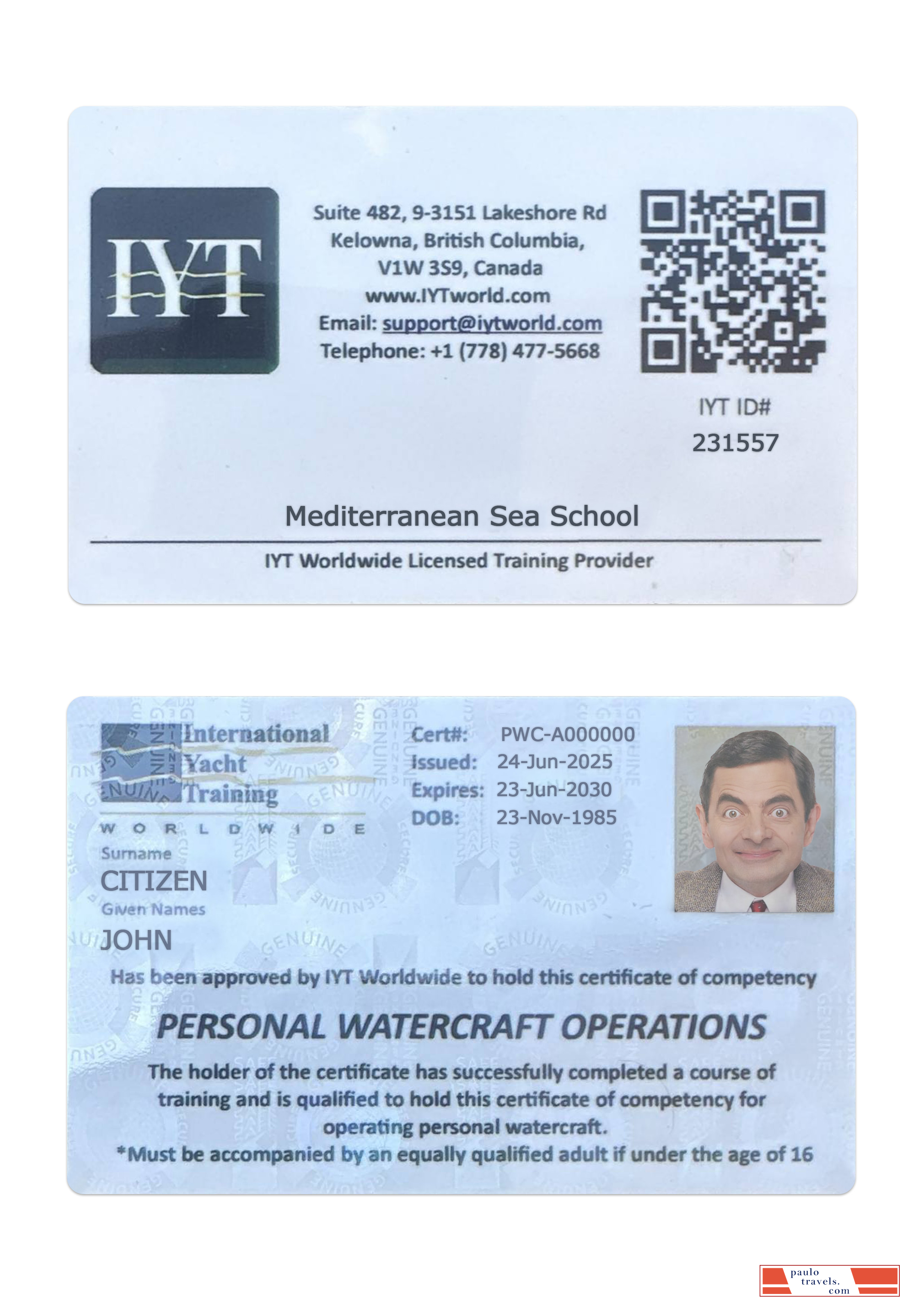 Canada British Columbia international yacht training card